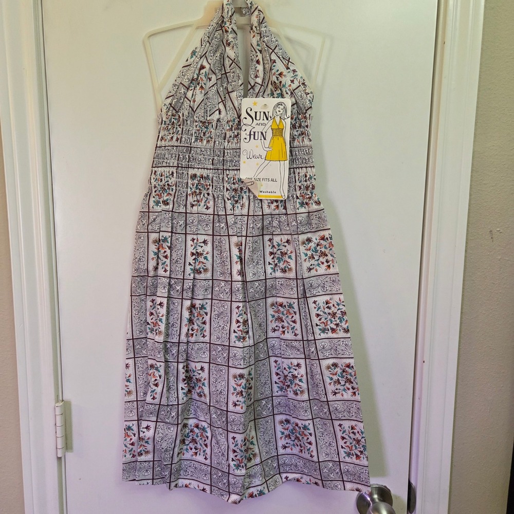 Vintage Sun and Fun Wear Girls Floral Tile Smocked Halter Dress One Size NEW